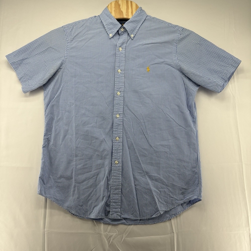 Ralph Lauren Men's Large Blue Gingham Short Sleeve Button Down Shirt Yellow Pony